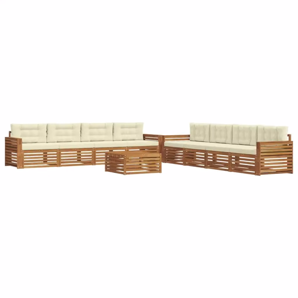 Set di divani da esterno a forma di U vidaXL in legno di acacia con tavolo da caffè e cuscini, Beige e Bianco – 2