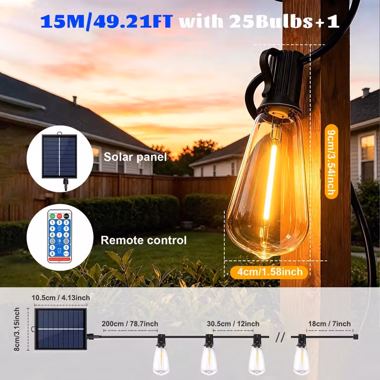 Catena luminosa solare ST38 - 15 metri, 25 luci - Telecomando - 4 livelli di luminosità regolabili - Accensione automatica al crepuscolo e spegnimento all'alba - Grado di protezione IP44, resistente all'acqua - Lampadine resistenti alla rottura