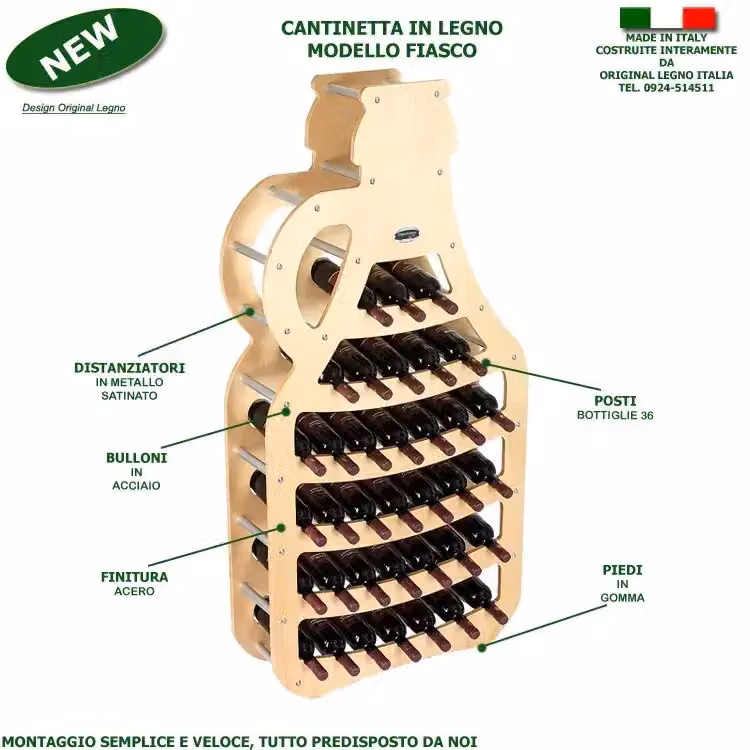 Cantinetta in legno Original Legno Italia modello Fiasco per 36 bottiglie di vino, finitura acero, L: 75 cm, P: 25 cm, H: 150 cm – 2