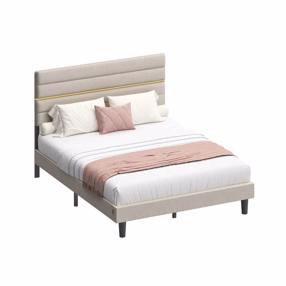 Struttura letto matrimoniale con testiera imbottita in metallo e legno, 140 x 200 cm / Beige Cappuccino