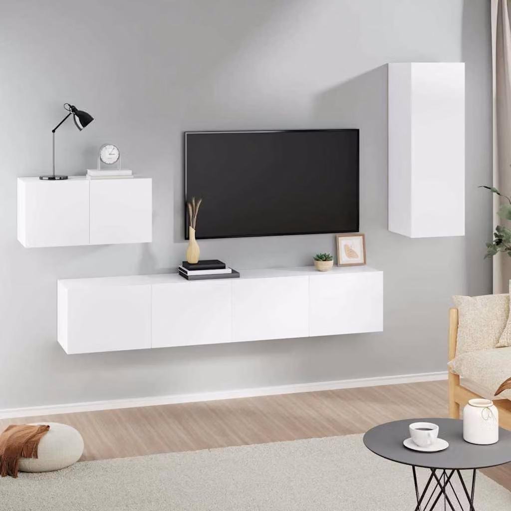 vidaXL Set di Mobili Porta TV 4 pz Bianco in Legno e MDF, Design Classico a Parete – 1