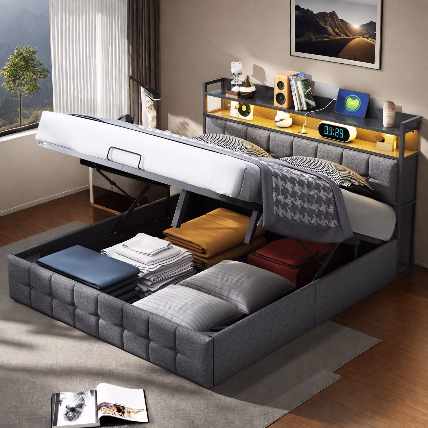 Letto imbottito ProximaX 140x200 con USB e tipo C, letto a molle con rete a doghe, letto per ragazzi con LED, letto contenitore idraulico letto matrimoniale, biancheria, grigio