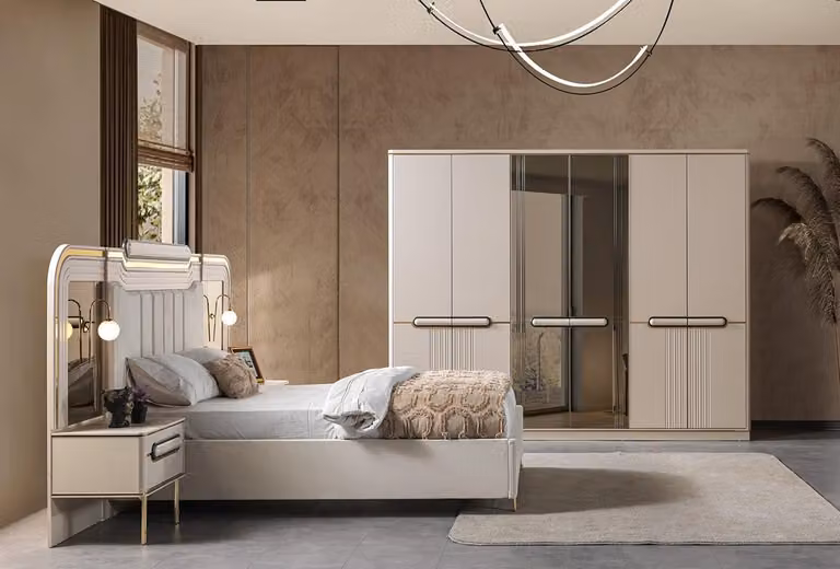 Letto, 2 comodini, armadio, camera da letto, stile moderno, colore bianco, nuovo