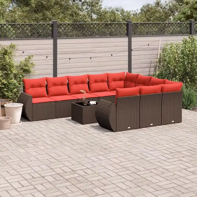 Set di divani da giardino vidaXL a forma di U composto da 11 pezzi con cuscini e tavolino da esterno marrone e rosso in rattan e metallo – 1