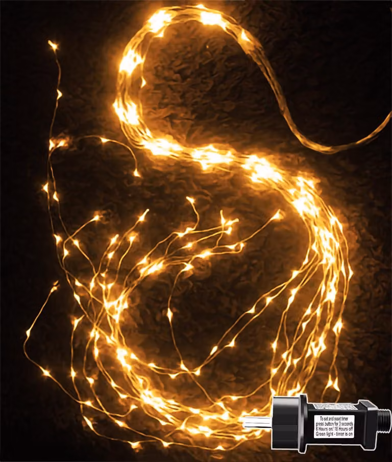 Catena luminosa da 2 metri, 400 LED, luce bianco caldo, grado di protezione IP65, timer, 9 modalità