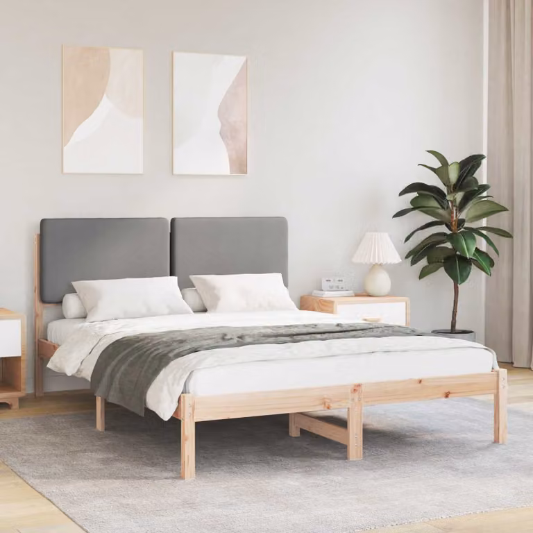 Letto con Testiera Rivestita vidaXL in Legno di Pino e Tessuto Grigio L/P/H: 140 x 200 x 84,5 cm