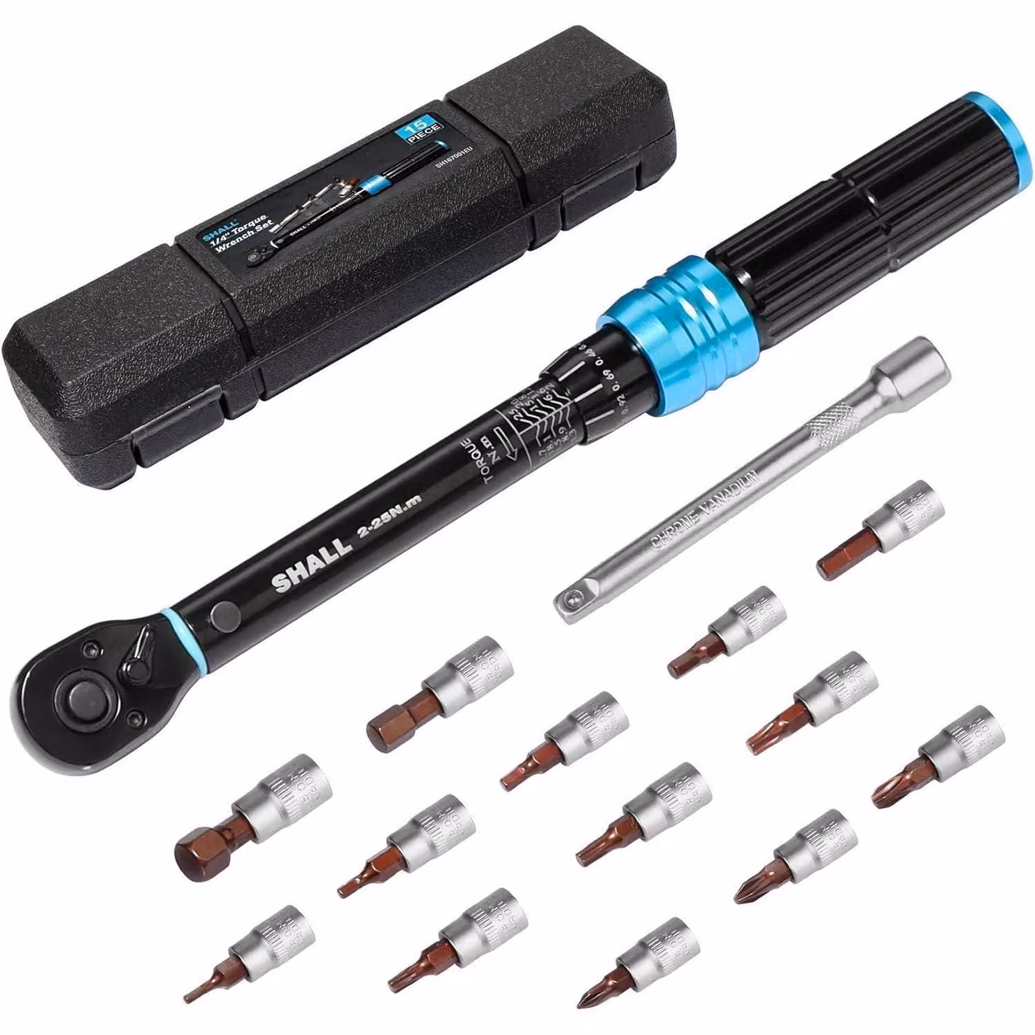 Set di chiavi dinamometriche da 15 pezzi, 1/4 di pollice, 2-25 Nm, 72 denti, per biciclette e motociclette, colore blu