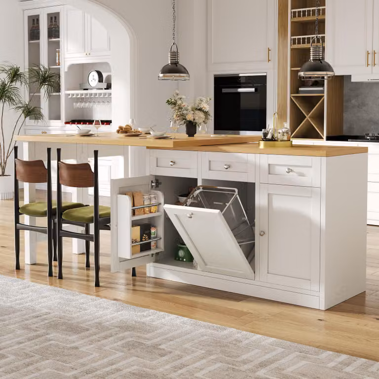 MODFU Tavolo da cucina a isola allungabile con tavolo da pranzo ribaltabile e cassetto, credenza da cucina con porta-pattumiera estraibile (pattumiera non inclusa), tavolo da cucina con ripiano porta-snack per piccoli appartamenti, bianco