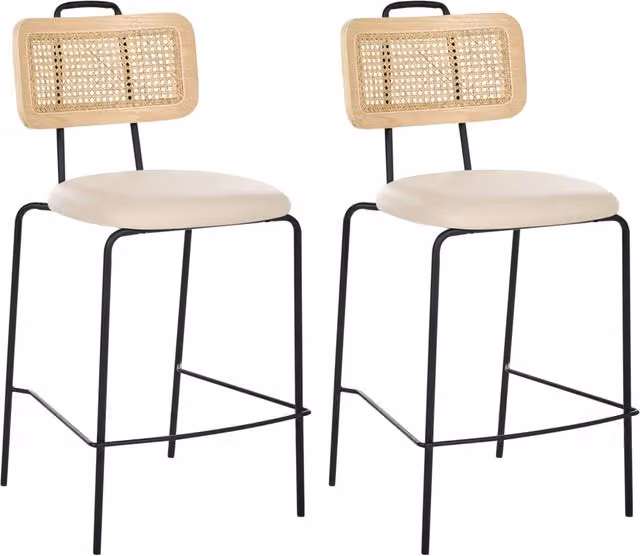 Set di 2 sedie da bar con seduta in ecopelle beige chiaro schienale in rattan gambe in ferro senza braccioli design boho moderno