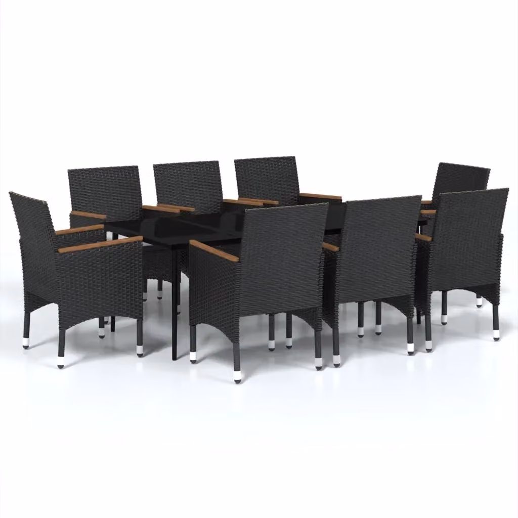 Set da pranzo da giardino vidaXL in polyrattan nero con tavolo in vetro e legno di acacia, 9 pezzi – 2