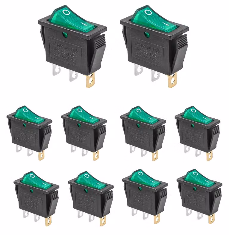 Interruttori a levetta, con illuminazione a LED, costruzione robusta e duratura, confezione da 10 pezzi, colore verde