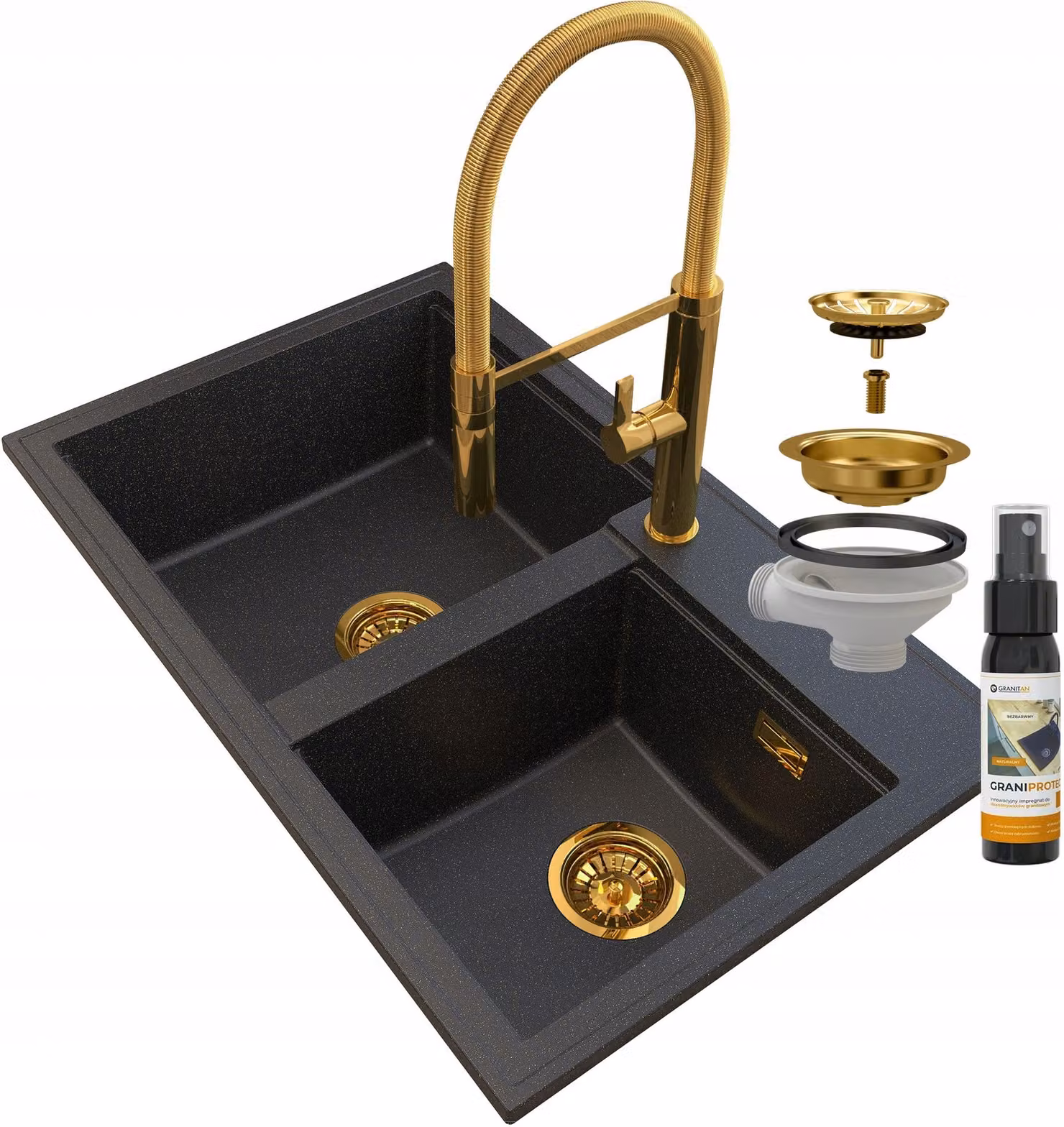 Granitan - Lavello in granito - Lavello da cucina - 2 vasche - 80x50 cm - Nero - con rubinetteria FULL GOLD - HEKTOR
