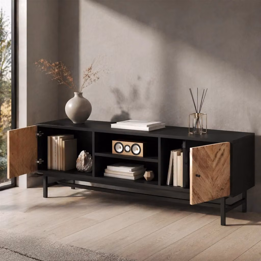 Mobile TV MIVRAY in stile industrial con 2 armadietti e 3 vani, finitura nero e naturale, gambe in metallo, L: 150 cm, P: 38 cm, H: 50.5 cm – 2