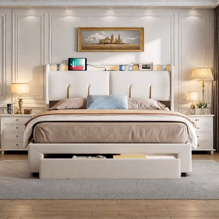 Letto matrimoniale 160x200 cm con box contenitore idraulico, testata in velluto beige con LED regolabile, porte USB integrate e prese UE