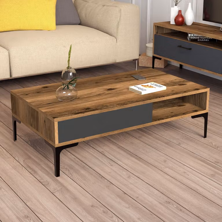 Skye Decor, tavolino moderno, noce e antracite, 105 x 32,6 x 60 cm | Realizzato in pannello di particelle rivestito in melamina al 100%, spessore 18 mm | Design elegante con gambe in metallo da 17 cm.