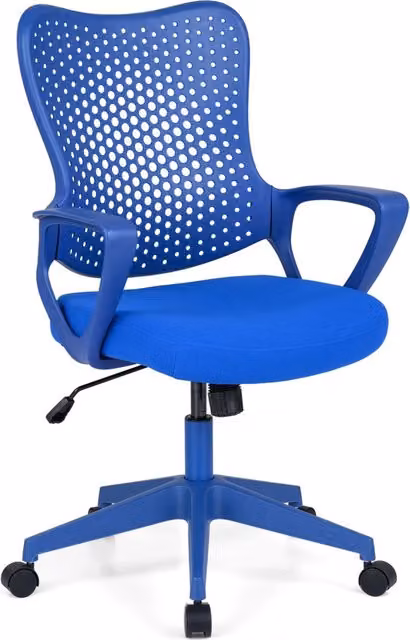 Sedia da ufficio ergonomica blu con schienale reclinabile a farfalla, seduta regolabile in altezza e rotazione a 360 gradi per home office