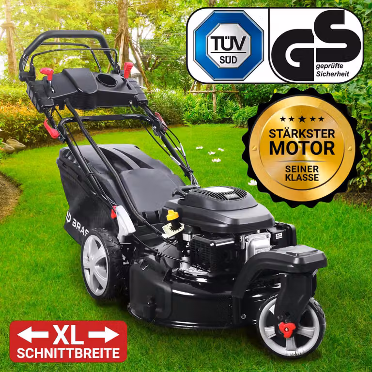 Tosaerba a benzina BRAST Trike con trasmissione | 5,2 kW (7 CV) | Avviamento elettrico | Larghezza di taglio 53 cm | Numerosi modelli | Motore OHV a 4 tempi | Altezza di taglio 30-80 mm | Cesto di raccolta da 60 L | Carrozzeria in acciaio | ESTART