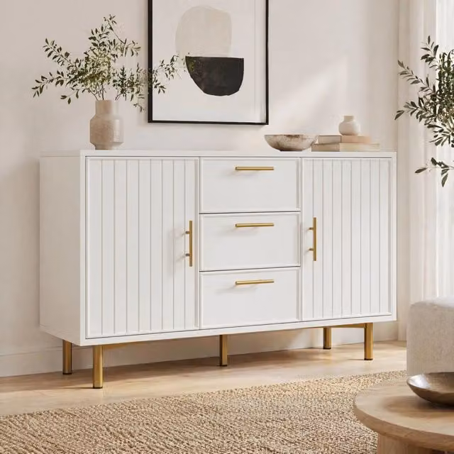 Credenza ULEVR 120x40x75 cm con 2 ante, 3 cassetti e ripiani regolabili, bianca con piedini in metallo