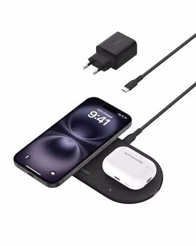 Belkin BoostCharge Pro Tappetino di Ricarica Wireless 2 in 1 con tecnologia magnetica Qi2 15W, Caricabatteria wireless rapido per iPhone 17, Air, Pixelsnap, AirPods e dispositivi MagSafe - Nero