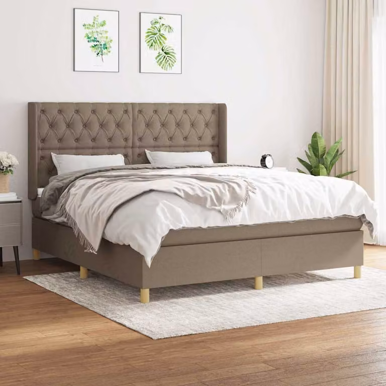 vidaXL Giroletto a Molle con Materasso in Tessuto Beige e Bianco L/P/H: 160 x 200 x 128 cm