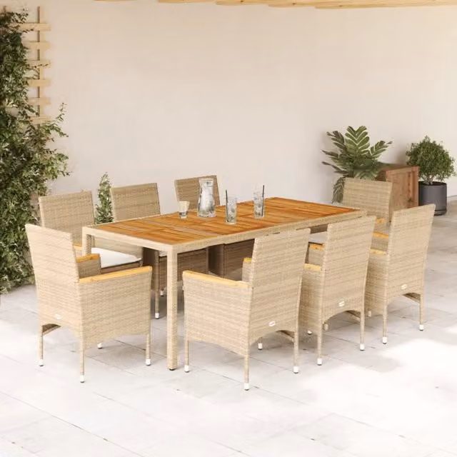 Set Pranzo da Giardino vidaXL in Polyrattan e Legno di Acacia con Cuscini Beige e Bianchi, 9 Pezzi
