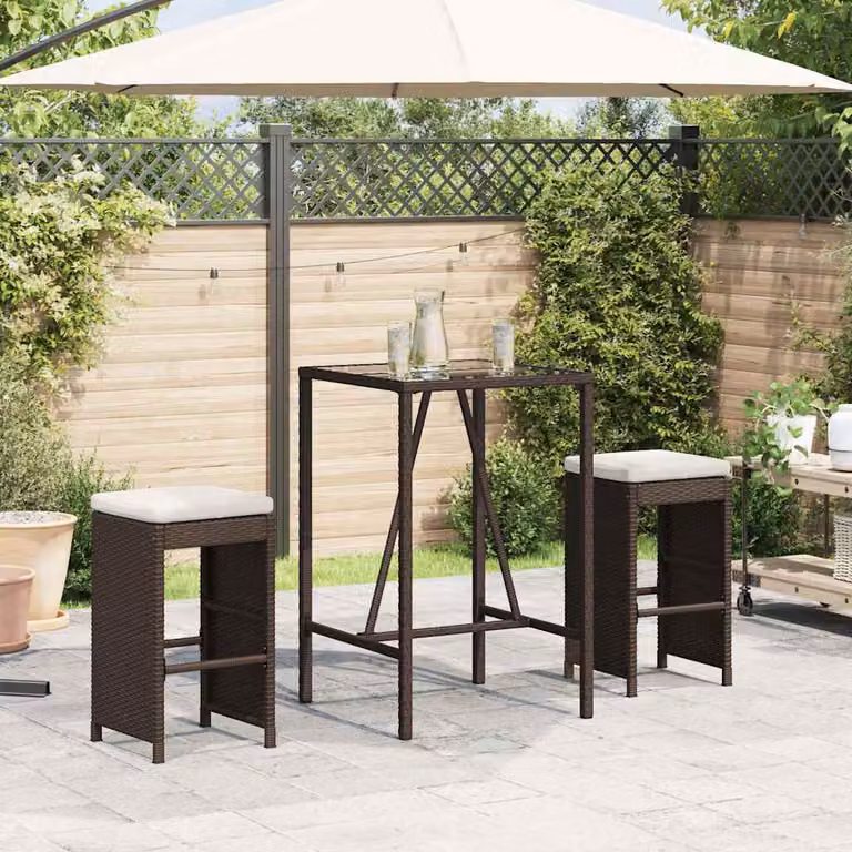 Set di 2 sgabelli da bar vidaXL in polyrattan marrone con cuscini bianchi per giardino