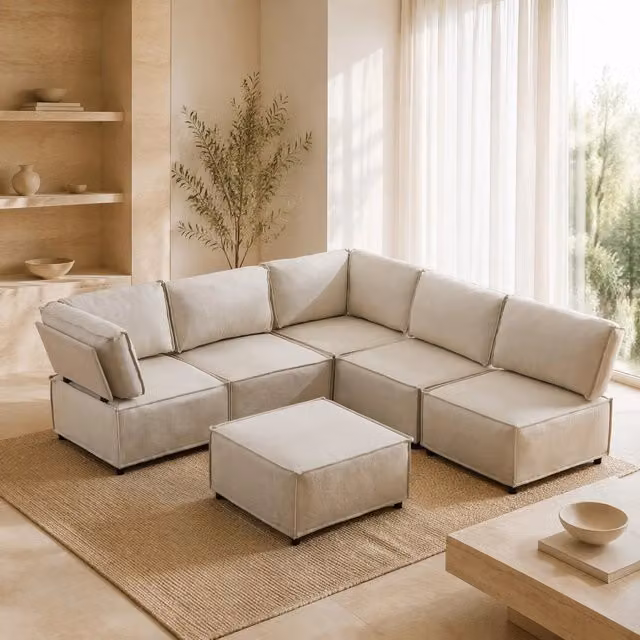 Divano angolare modulare componibile con seduta comoda e rivestimento in lino beige 308 × 152 × 77 cm