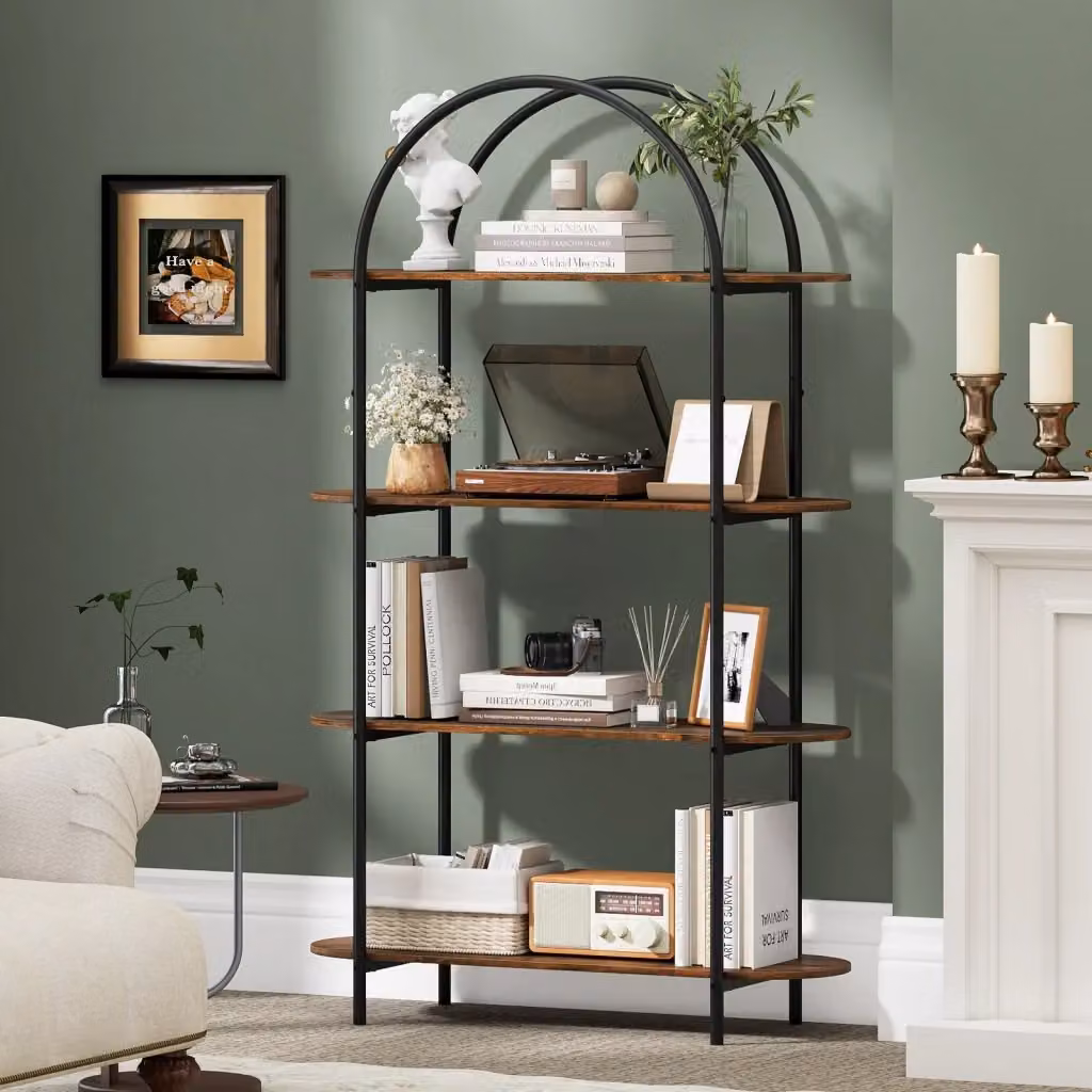 Libreria a forma di arco con 4 ripiani in stile industriale con struttura in metallo e legno, organizzatore espositivo autoportante per soggiorno, ufficio o camera da letto, colore nero e marrone – 2