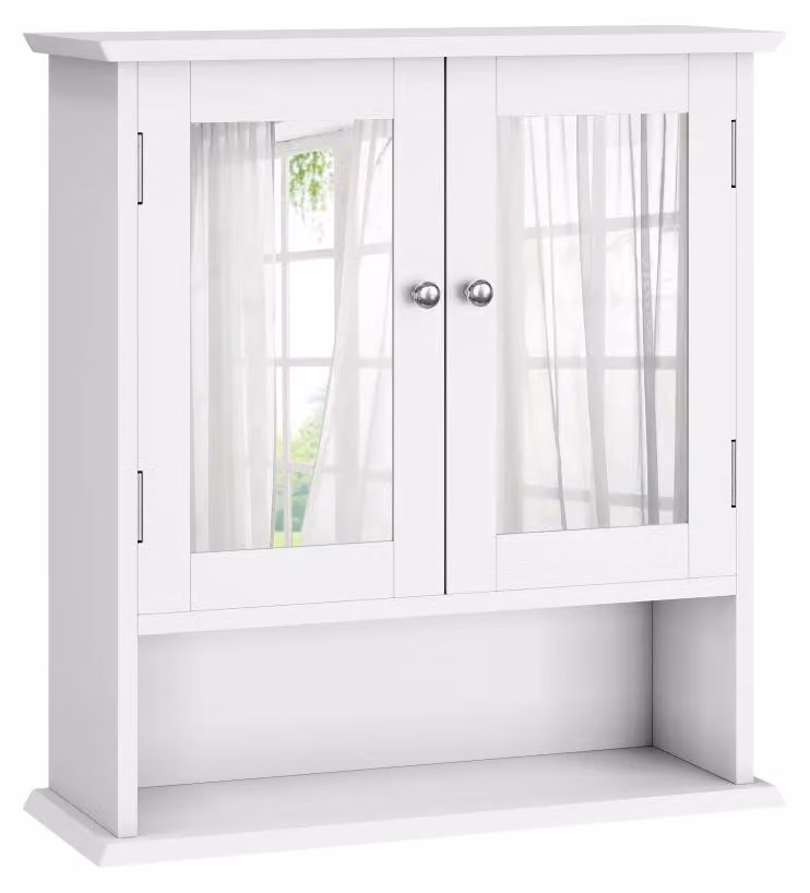 Mobile da bagno sospeso con ante a specchio - Materiale: MDF e vetro - Ripiano interno regolabile - Spazio contenitivo - Colore: bianco
