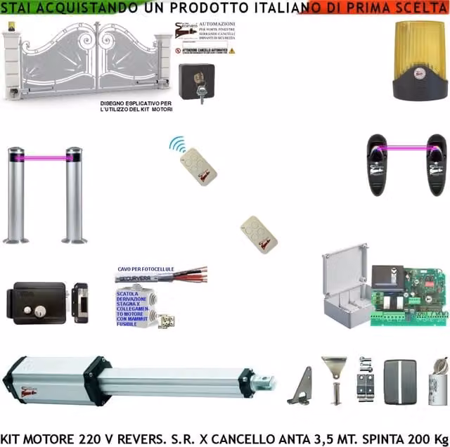 Automazione Cancello da 3,5 Metri Motore Elettromeccanico 230 V Reversibile 600 mm Spinta 250 Kg Centrale 2 Radiocomandi 2 Coppie Fotocellule 2 Pali Faro Elettroserratura Selettore Scatola Fuse Cavo