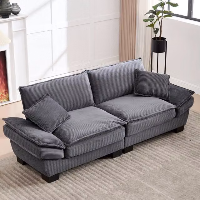 Divano Letto Doppio Minimal in Velluto Grigio con Cuscini e Struttura in Legno Solido