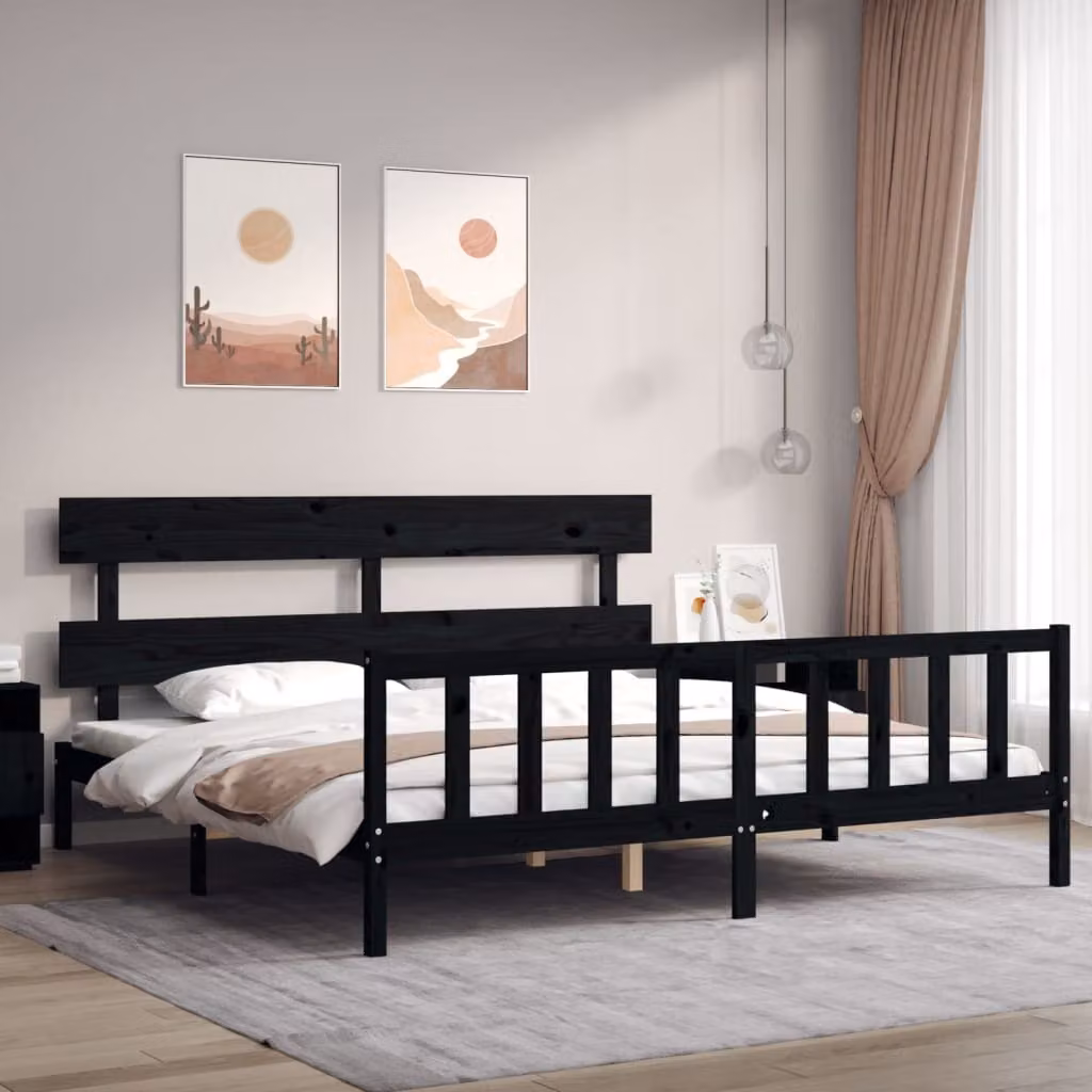 The Living Store Letto in legno massiccio con testiera nera 200x200 cm