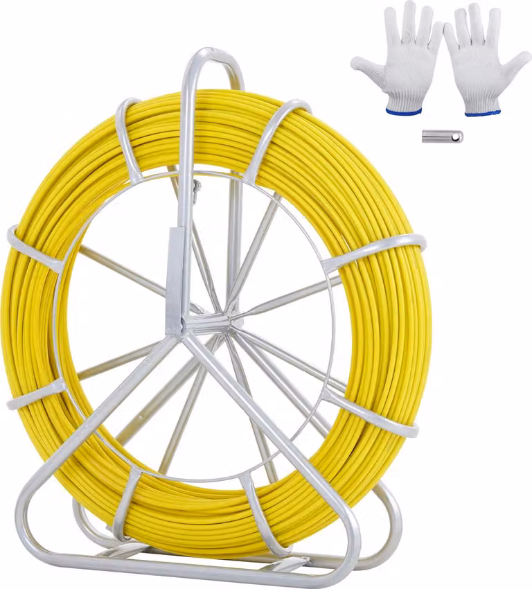 Ruota per cavi in fibra di vetro Ø7,9 mm x 150 m asta in fibra di vetro incl. guanti per bobina in acciaio impugnatura del freno teste di trazione in metallo nastro per pesci da -40℃ a +80℃ ausilio per la retrazione nastro per la retrazione a spirale