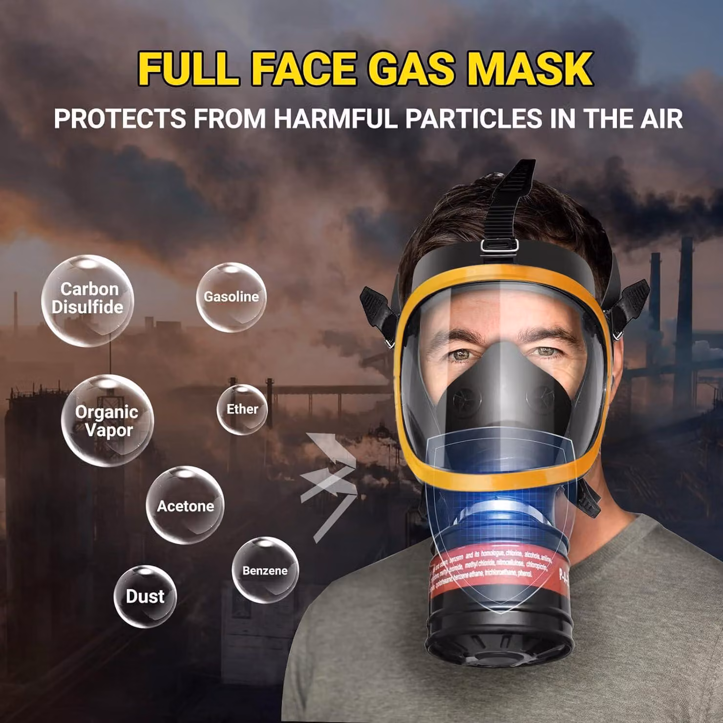Mascherina protettiva per le vie respiratorie con filtro in carbone attivo da 40 mm, maschera a pieno facciale, adatta per l'uso in ambienti chimici e nucleari, con protezione contro la polvere
