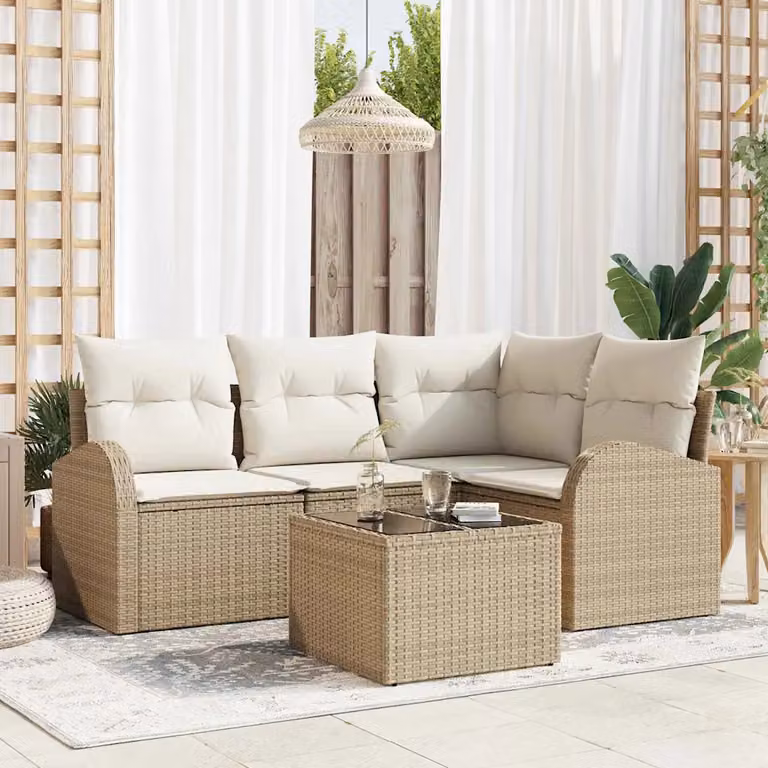 Set Divano da Giardino vidaXL 5 Pezzi a Forma di L in Polyrattan con Cuscini Beige e Bianco