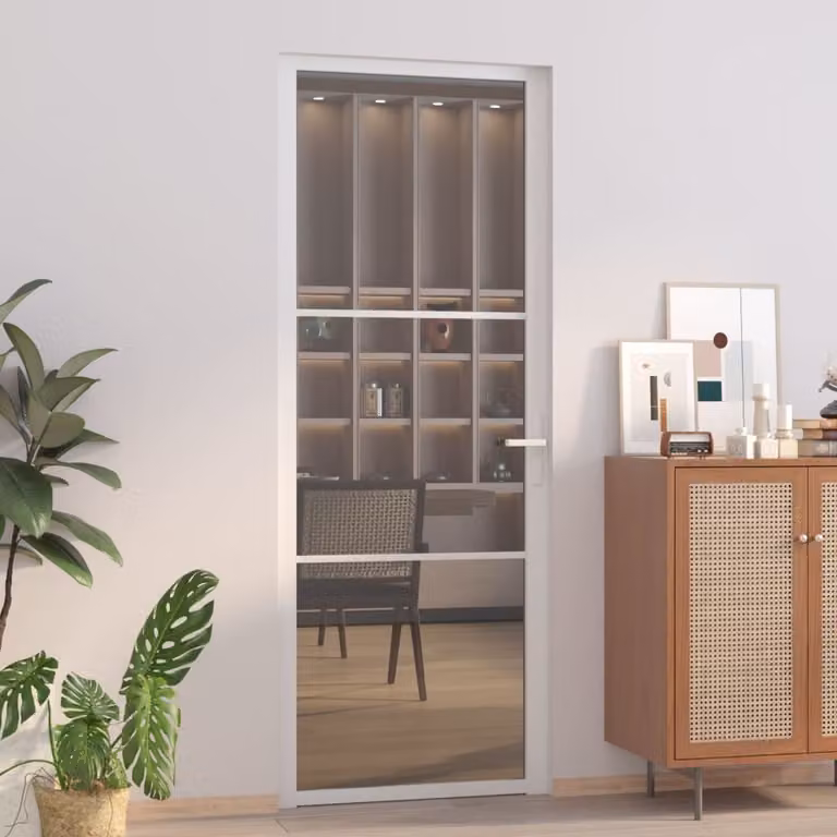 Porta interna The Living Store 76x201,5 cm in vetro temperato di sicurezza bianco e alluminio