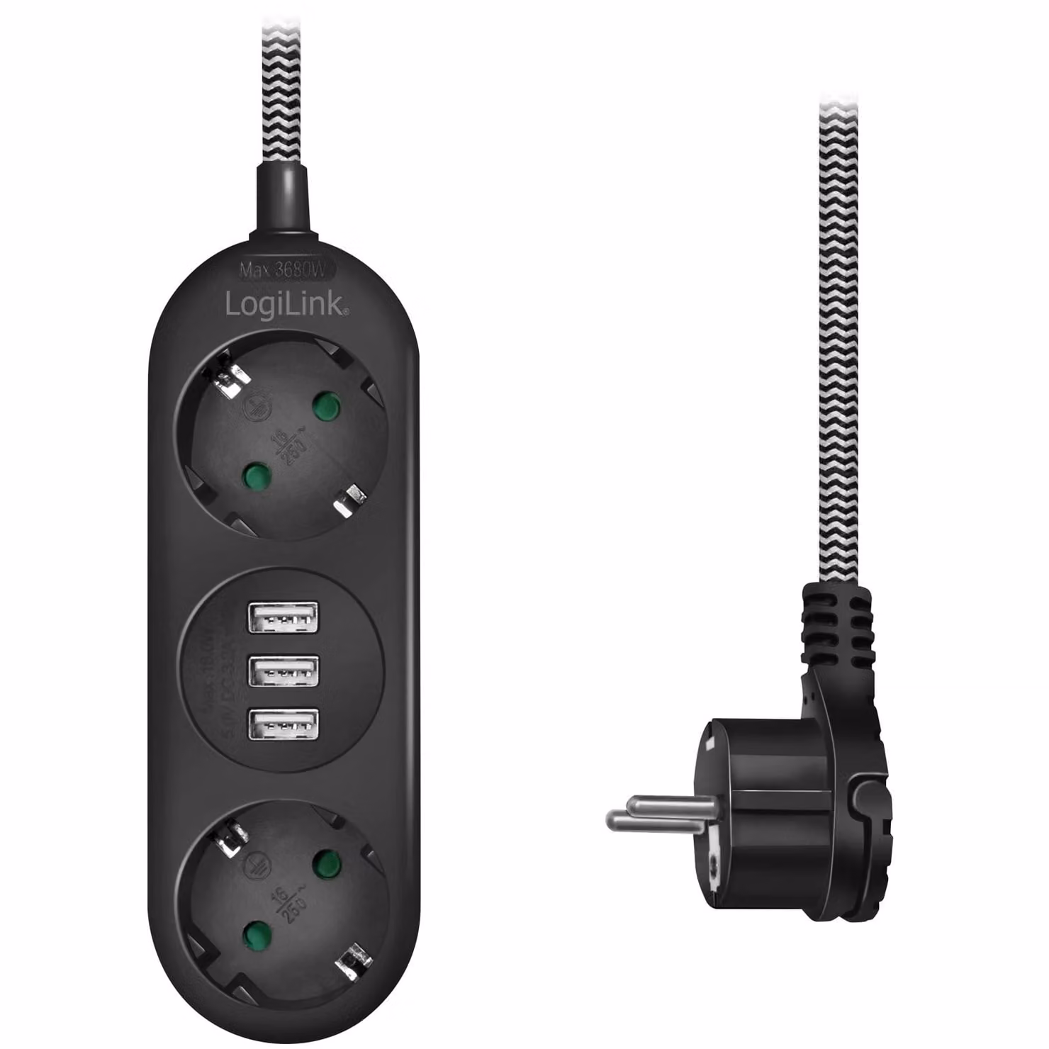 LogiLink - Cavo di prolunga - Corrente alternata 250 V - 3680 watt - Connessioni di uscita: 2 (3 x USB tipo A, 2 x CEE 7/3) -