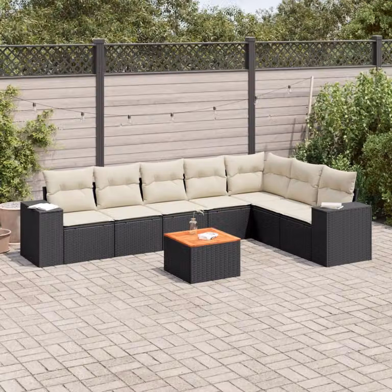 Set di divani da giardino vidaXL a forma di L in polyrattan nero con 8 pezzi e cuscini inclusi