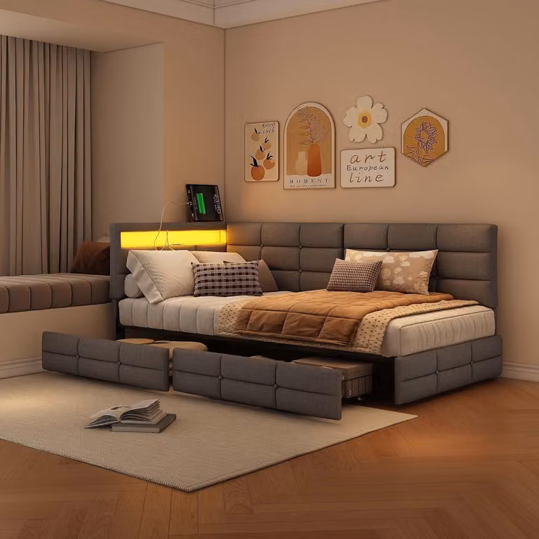 Letto imbottito trasformabile in divano, 90x200 cm, con LED e porta USB. Letto a una piazza e mezza (90x200 cm) con 2 cassetti per riporre oggetti. Divano letto per bambini con rete a molle. Senza materasso. Colore: grigio