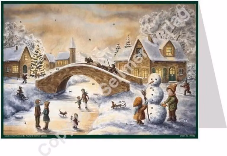Calendario dell'Avvento a tema cartoline, intitolato "Evviva, sta arrivando la carrozza!"