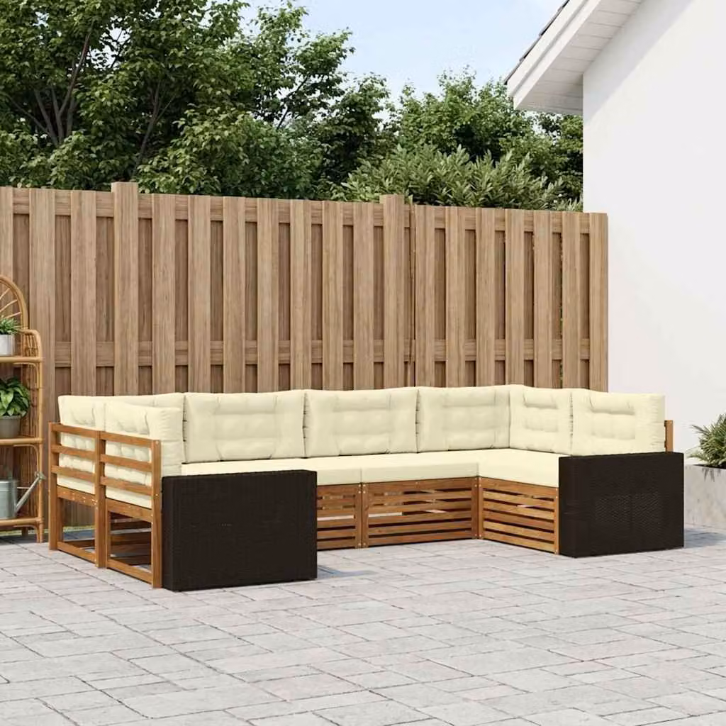 Set di divani da esterno vidaXL 6 pz in legno di acacia con cuscini, forma a L destra, colori beige, bianco e marrone