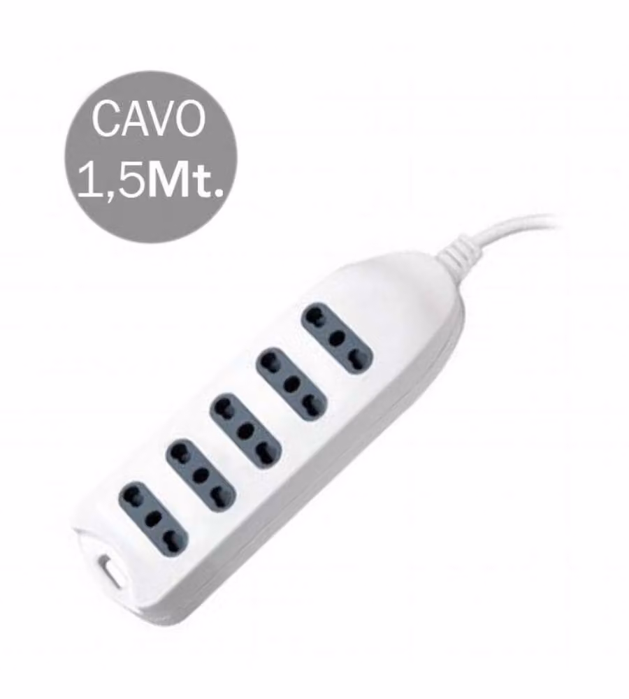 Multipresa con Cavo 1,5mt 5 Prese 10/16A 2P+T Bipasso con Attacco a Parete con Spina 16A 2P+T Colore Bianco