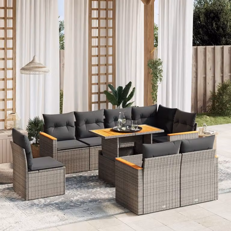 vidaXL Set Divano da Giardino a L in Polyrattan Grigio con Cuscini e Tavolino da Esterno