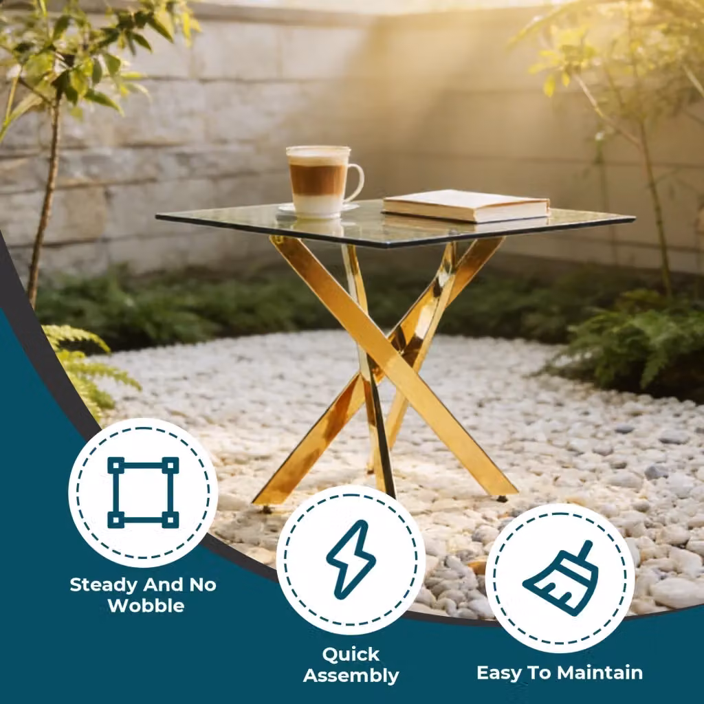 Tavolo da pranzo quadrato Mivray con piano in vetro lucido e gambe in metallo color oro – 2
