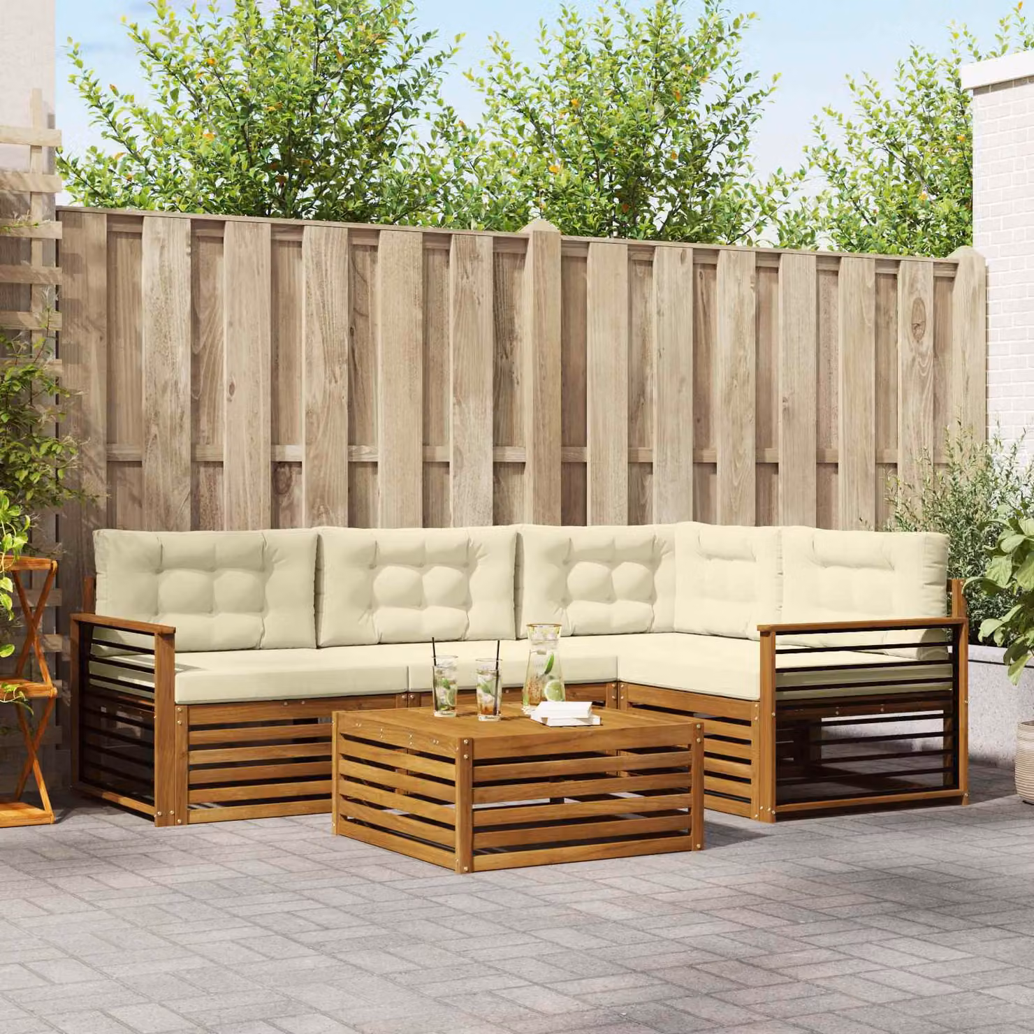 Set di divani da esterno vidaXL 5 pezzi in legno di acacia con cuscini, colore beige, bianco e marrone