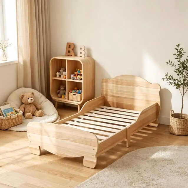 Lettino bambini 70x140 cm in MDF legno naturale con sponde di sicurezza e motivo orso, per età 3-6 anni