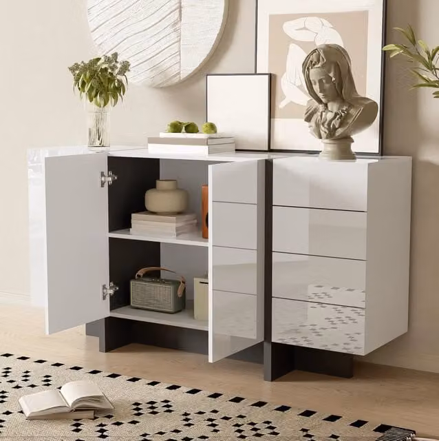Credenza 150x40x80.5 cm con 2 porte e 4 cassetti; finitura lucida; MDF e truciolare; bianco e nero