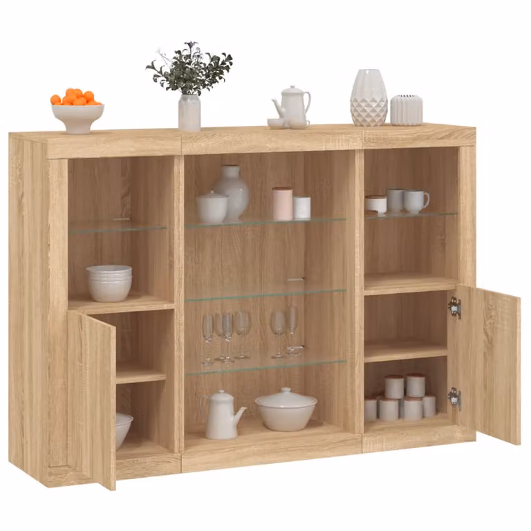 Set di 3 credenze moderne vidaXL con luci LED integrate in legno multistrato color rovere sonoma
