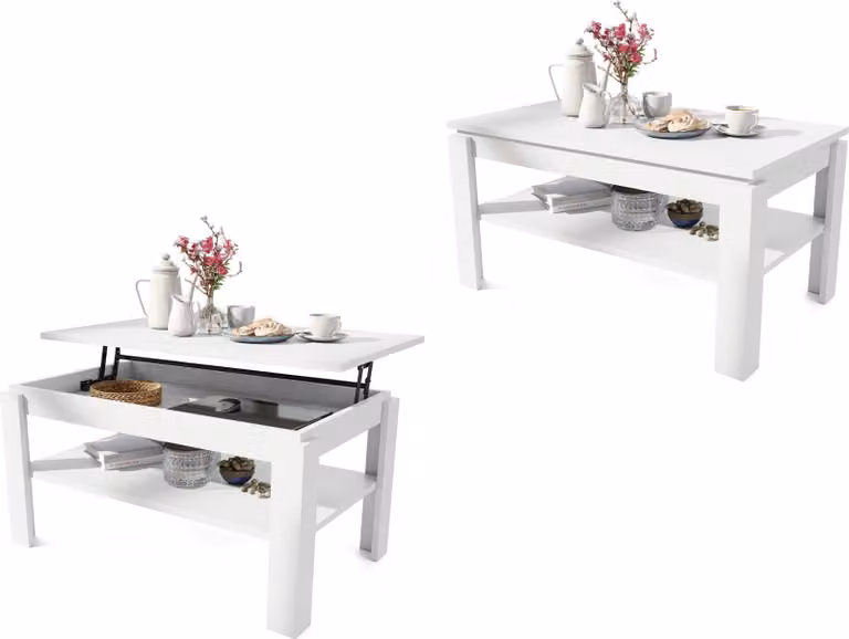 Tavolino All4All Asti, P, tavolino da salotto, tavolino da caffè, tavolino con vano portaoggetti, tavolino da divano con ripiano, regolabile in altezza, 100x60 cm, bianco