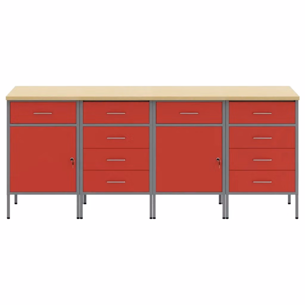 Mobile da lavoro vidaXL in acciaio e legno, 4 pezzi, Rosso e Grigio, L/P/H: 200 x 55 x 85 cm – 2